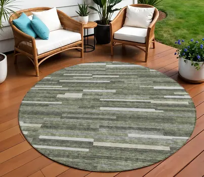 8' Olive Green Gray And Ivory Round Striped Washable Indoor Outdoor Area Rug