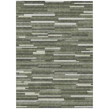 9' X 12' Olive Green Gray And Ivory Striped Washable Indoor Outdoor Area Rug