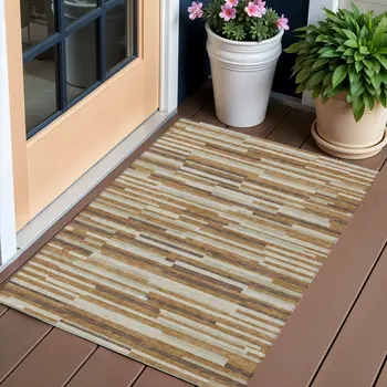 3' X 5' Brown Gray And Ivory Striped Washable Indoor Outdoor Area Rug
