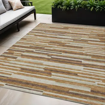 5' X 8' Brown Gray And Ivory Striped Washable Indoor Outdoor Area Rug