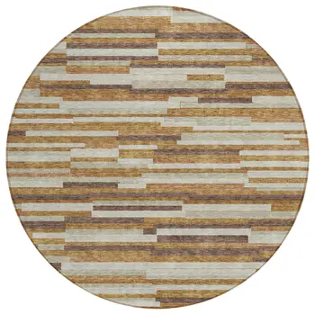 8' Brown Gray And Ivory Round Striped Washable Indoor Outdoor Area Rug