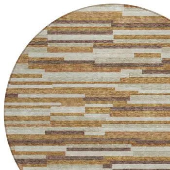 8' Brown Gray And Ivory Round Striped Washable Indoor Outdoor Area Rug