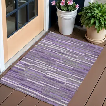 3' X 5' Purple And Gray Striped Washable Indoor Outdoor Area Rug