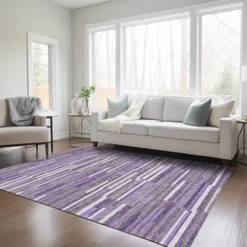 3' X 5' Purple And Gray Striped Washable Indoor Outdoor Area Rug
