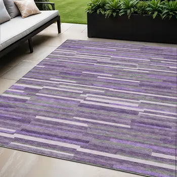5' X 8' Purple And Gray Striped Washable Indoor Outdoor Area Rug