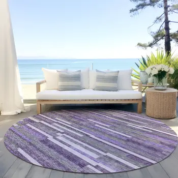 8' Purple And Gray Round Striped Washable Indoor Outdoor Area Rug