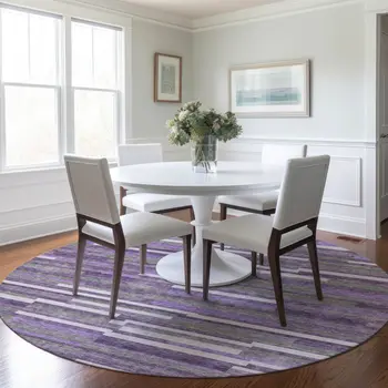 8' Purple And Gray Round Striped Washable Indoor Outdoor Area Rug