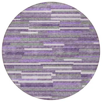8' Purple And Gray Round Striped Washable Indoor Outdoor Area Rug