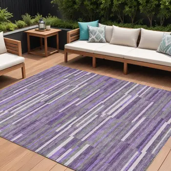 8' X 10' Purple And Gray Striped Washable Indoor Outdoor Area Rug