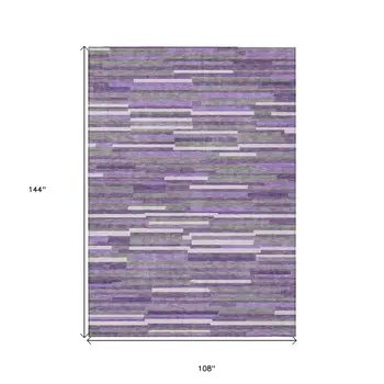 9' X 12' Purple And Gray Striped Washable Indoor Outdoor Area Rug
