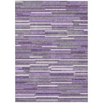 9' X 12' Purple And Gray Striped Washable Indoor Outdoor Area Rug