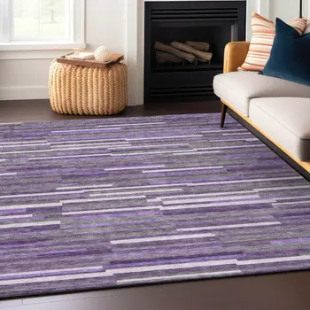9' X 12' Purple And Gray Striped Washable Indoor Outdoor Area Rug