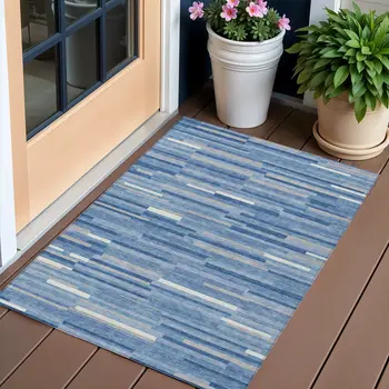 3' X 5' Sky Blue Gray And Ivory Striped Washable Indoor Outdoor Area Rug