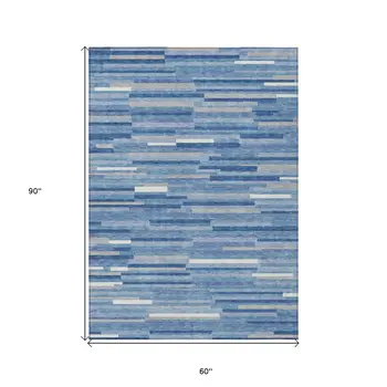 5' X 8' Sky Blue Gray And Ivory Striped Washable Indoor Outdoor Area Rug