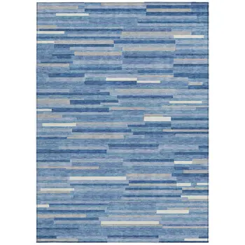 8' X 10' Sky Blue Gray And Ivory Striped Washable Indoor Outdoor Area Rug