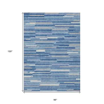 8' X 10' Sky Blue Gray And Ivory Striped Washable Indoor Outdoor Area Rug