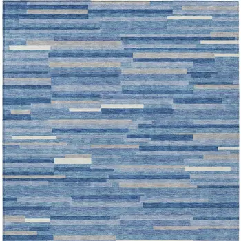 9' X 12' Sky Blue Gray And Ivory Striped Washable Indoor Outdoor Area Rug