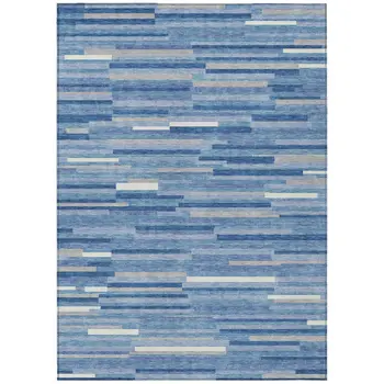 9' X 12' Sky Blue Gray And Ivory Striped Washable Indoor Outdoor Area Rug