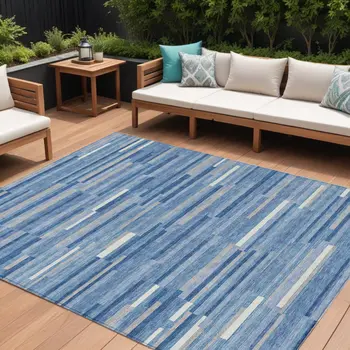 10' X 14' Sky Blue Gray And Ivory Striped Washable Indoor Outdoor Area Rug