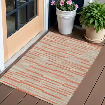 3' X 5' Salmon Gray And Beige Striped Washable Indoor Outdoor Area Rug