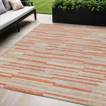 5' X 8' Salmon Gray And Beige Striped Washable Indoor Outdoor Area Rug