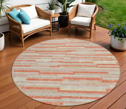 8' Salmon Gray And Beige Round Striped Washable Indoor Outdoor Area Rug
