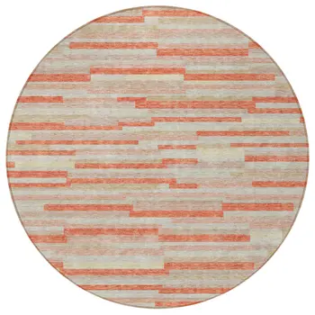 8' Salmon Gray And Beige Round Striped Washable Indoor Outdoor Area Rug