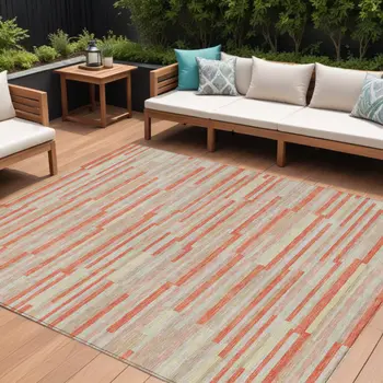8' X 10' Salmon Gray And Beige Striped Washable Indoor Outdoor Area Rug