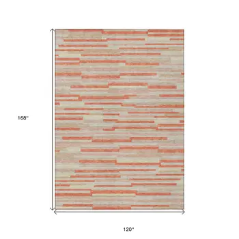 10' X 14' Salmon Gray And Beige Striped Washable Indoor Outdoor Area Rug