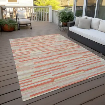 10' X 14' Salmon Gray And Beige Striped Washable Indoor Outdoor Area Rug