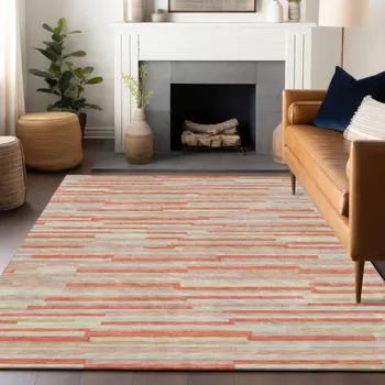 10' X 14' Salmon Gray And Beige Striped Washable Indoor Outdoor Area Rug