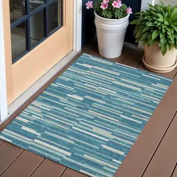 3' X 5' Teal Blue And Ivory Striped Washable Indoor Outdoor Area Rug