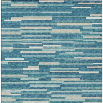 5' X 8' Teal Blue And Ivory Striped Washable Indoor Outdoor Area Rug