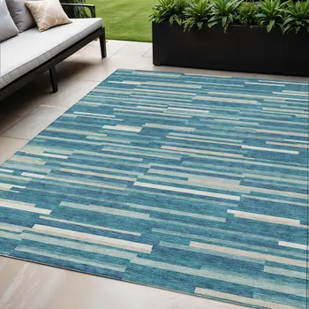 5' X 8' Teal Blue And Ivory Striped Washable Indoor Outdoor Area Rug