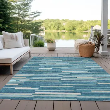 5' X 8' Teal Blue And Ivory Striped Washable Indoor Outdoor Area Rug