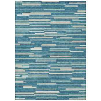 5' X 8' Teal Blue And Ivory Striped Washable Indoor Outdoor Area Rug