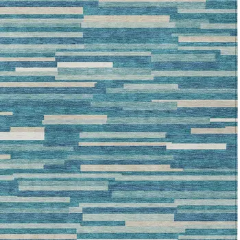 5' X 8' Teal Blue And Ivory Striped Washable Indoor Outdoor Area Rug