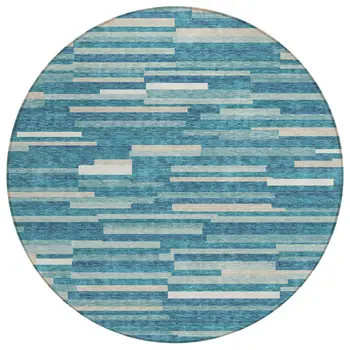 8' Teal Blue And Ivory Round Striped Washable Indoor Outdoor Area Rug