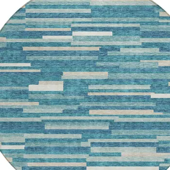 8' Teal Blue And Ivory Round Striped Washable Indoor Outdoor Area Rug