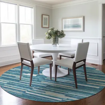 8' Teal Blue And Ivory Round Striped Washable Indoor Outdoor Area Rug