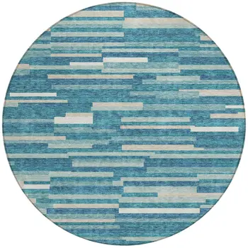 8' Teal Blue And Ivory Round Striped Washable Indoor Outdoor Area Rug