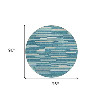 8' Teal Blue And Ivory Round Striped Washable Indoor Outdoor Area Rug