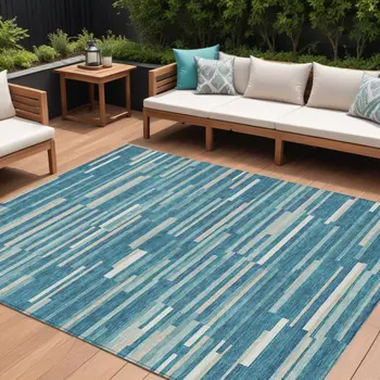 8' X 10' Teal Blue And Ivory Striped Washable Indoor Outdoor Area Rug