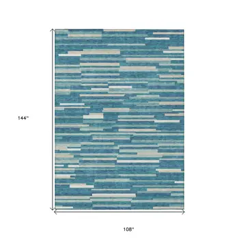 9' X 12' Teal Blue And Ivory Striped Washable Indoor Outdoor Area Rug