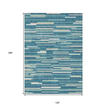 10' X 14' Teal Blue And Ivory Striped Washable Indoor Outdoor Area Rug
