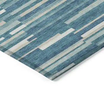 10' X 14' Teal Blue And Ivory Striped Washable Indoor Outdoor Area Rug