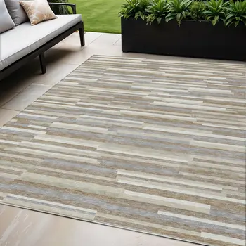 5' X 8' Taupe Gray And Ivory Striped Washable Indoor Outdoor Area Rug