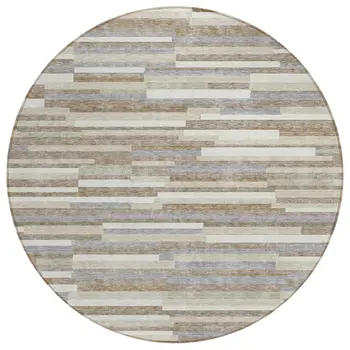 8' Taupe Gray And Ivory Round Striped Washable Indoor Outdoor Area Rug