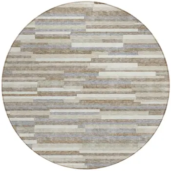 8' Taupe Gray And Ivory Round Striped Washable Indoor Outdoor Area Rug