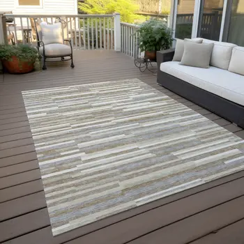 9' X 12' Taupe Gray And Ivory Striped Washable Indoor Outdoor Area Rug